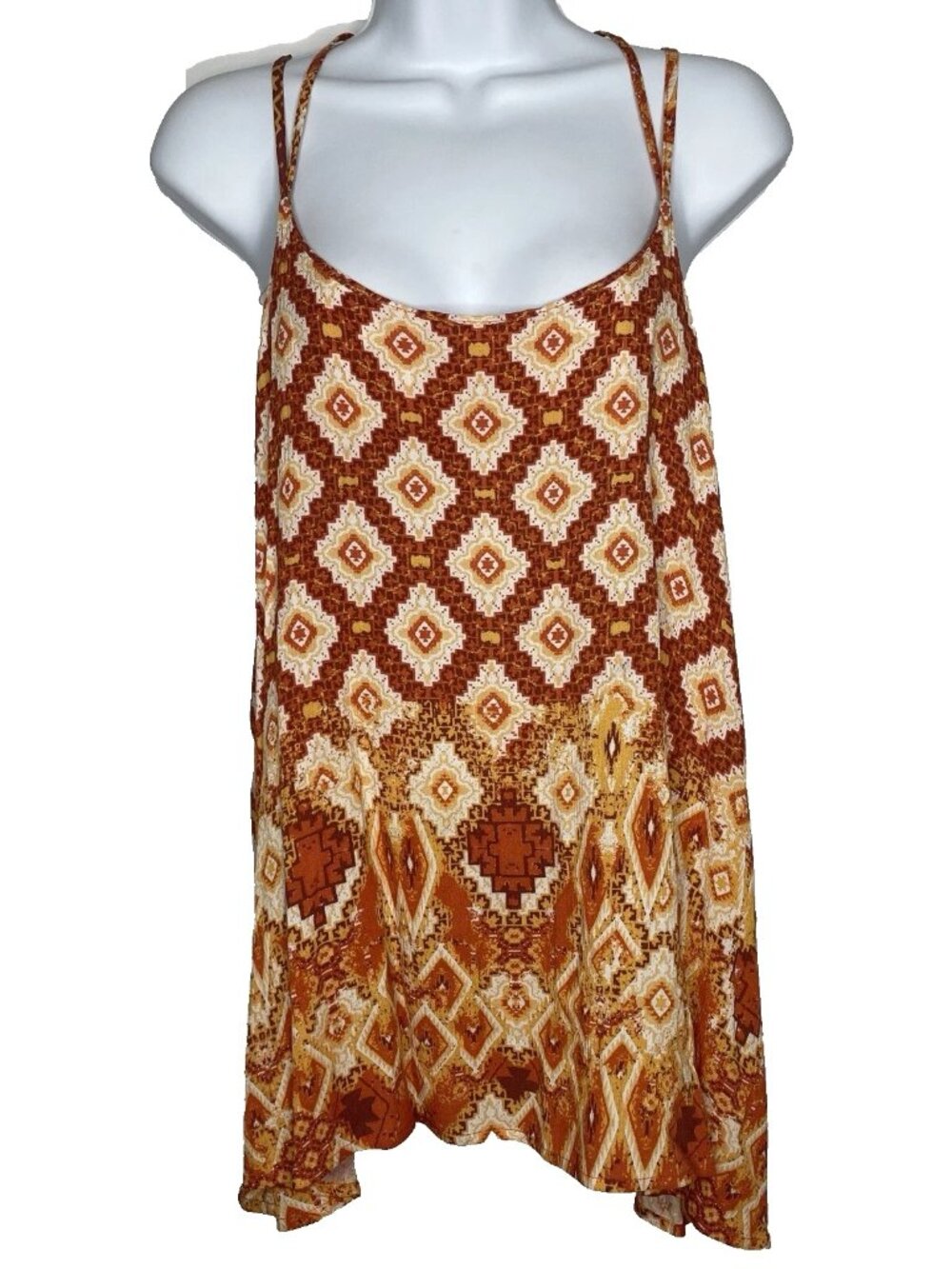 Miss Me Strappy Tunic Tank Top Size L Orange Southwest Print Ivory Crochet Lace